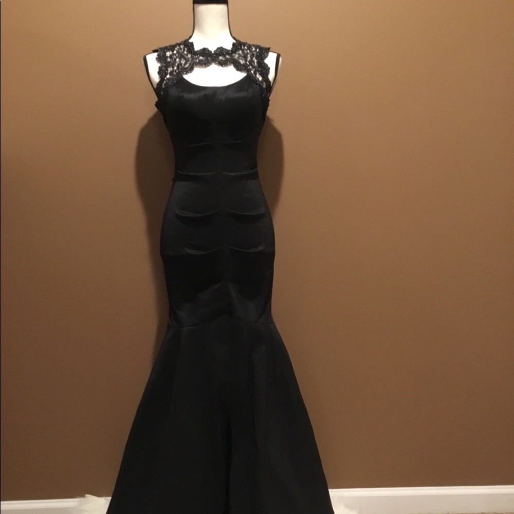 Black ruched mermaid style prom dress